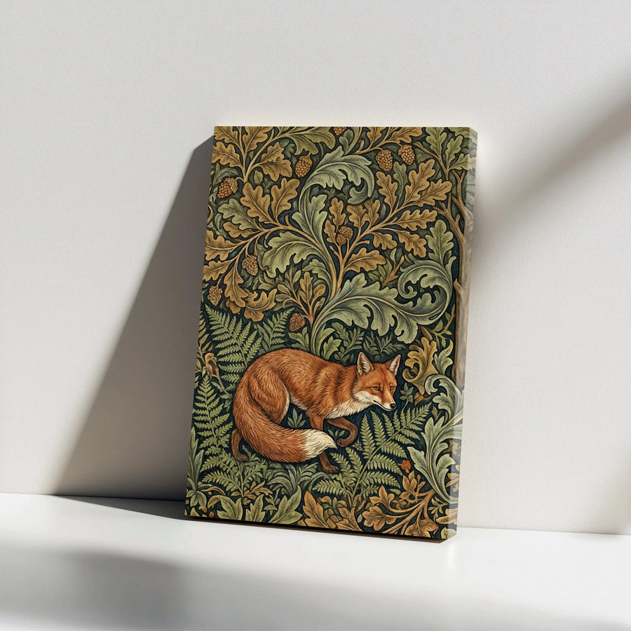 Fox Canvas Wall Art | William Morris Style Botanical Print | Premium Gallery Wrapped Decor | Nature Lover Gift for Living Room