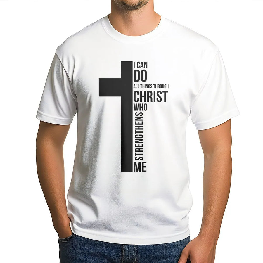I Can Do All Things Through Christ T-Shirt | Minimalist Cross Graphic Design | 100% Soft Cotton Premium Tee | Faith-Based Religious Gift For Men Women