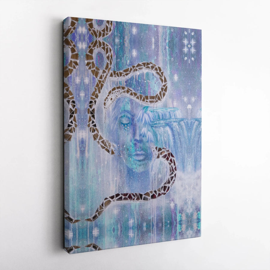Surreal Weeping Face Canvas | Mosaic Snake Waterfall Wall Art | Premium Gallery Wrap Print | Dreamy Ethereal Home Decor for Bedroom