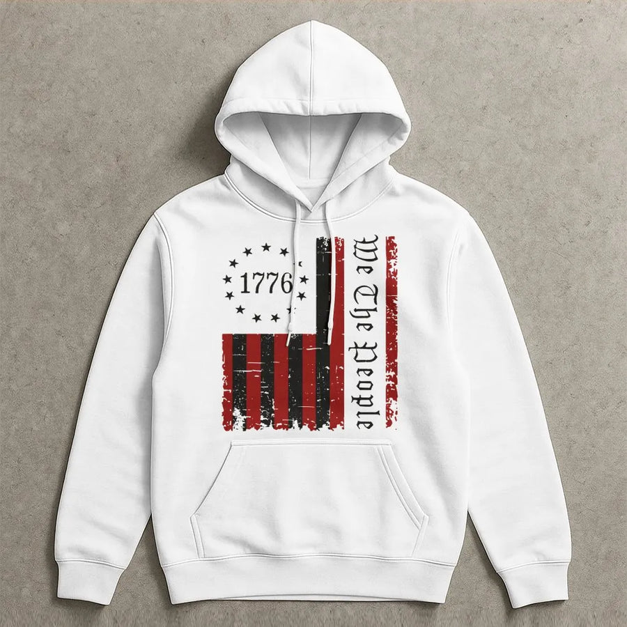 We The People 1776 Hoodie | Distressed American Flag Patriotic Graphic | Premium Cotton Blend | Gift For Conservatives And History Lovers