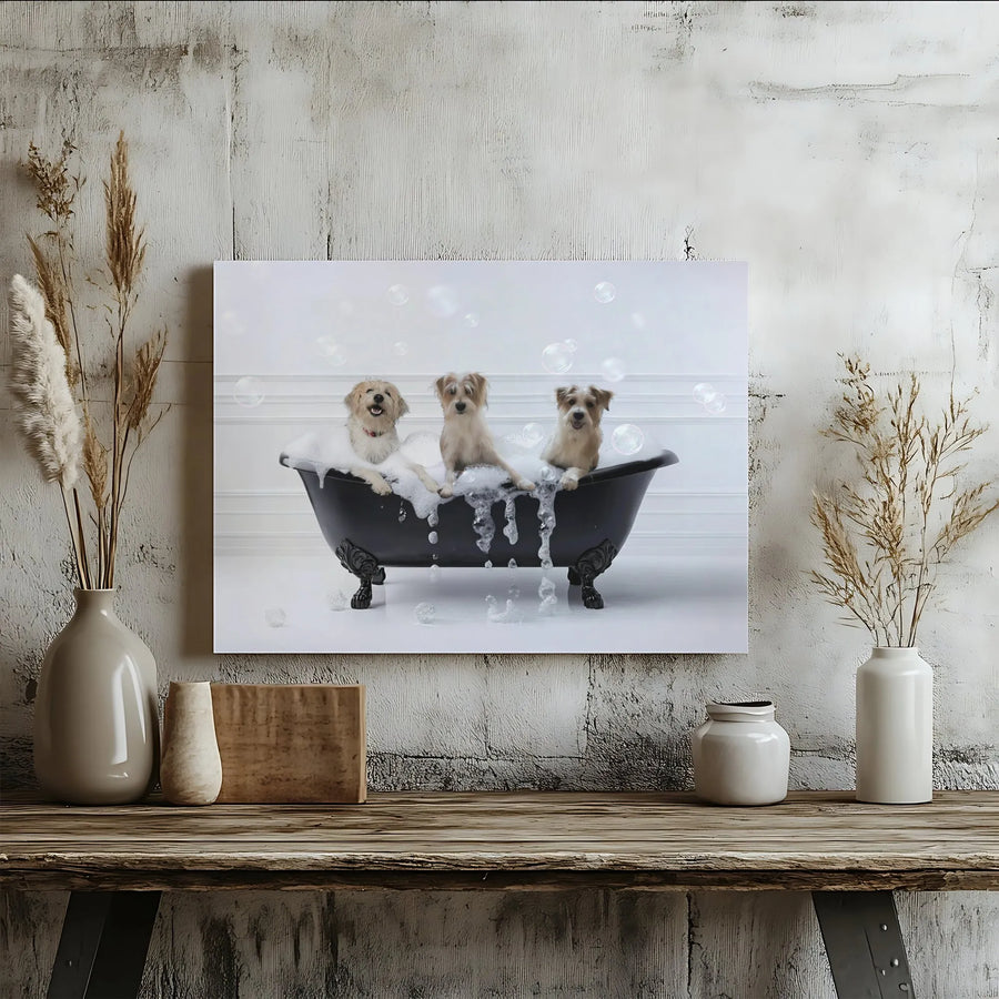 Dogs In Clawfoot Tub Canvas Art | Funny Dog Bubble Bath Photography | Premium Gallery-Wrapped Wall Decor | Unique Gift For Dog Lovers