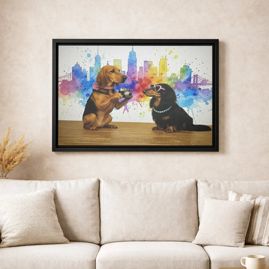Dachshund Dog Wall Art | Watercolor City Skyline Canvas Print | 1.25” Premium Gallery Wrap | Unique Pet Lover Gift for Home Decor