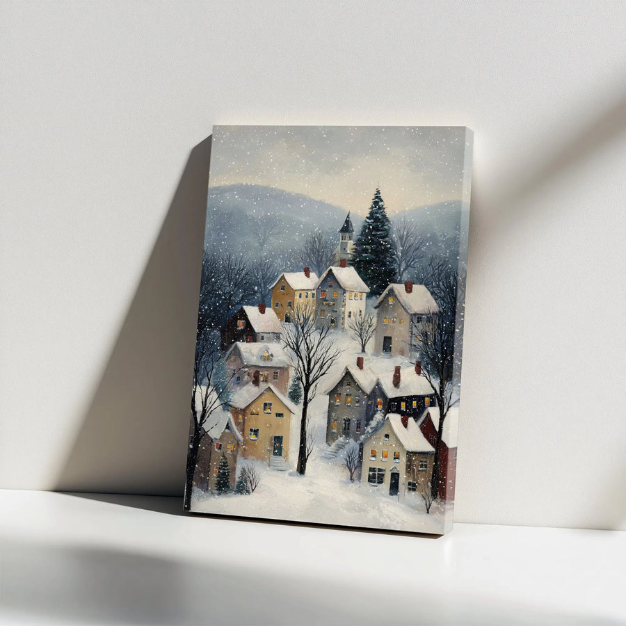 Winter Village Vertical Canvas | Cozy Snowfall Painting Print | Premium Gallery Wrapped Art | Holiday Home Decor Gift