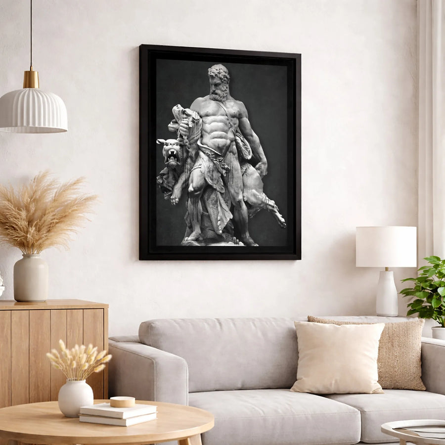 Hercules and Cerberus Wall Art | Greek Mythology Statue Canvas Print | Premium Fade-Resistant Decor | Gift for History Lovers