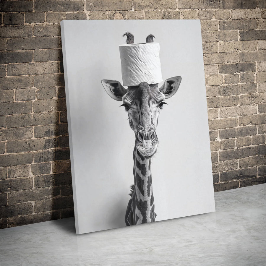 Funny Giraffe Canvas Wall Art | Toilet Paper Head Portrait | Premium Gallery Wrap Print | Whimsical Bathroom Decor & Unique Gift for Animal Lovers