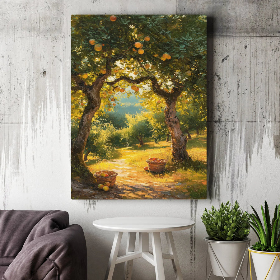 Orchard Harvest Vertical Canvas | Impressionist Landscape Painting | Premium Frameless Wall Art | Rustic Farmhouse Kitchen Decor Gift