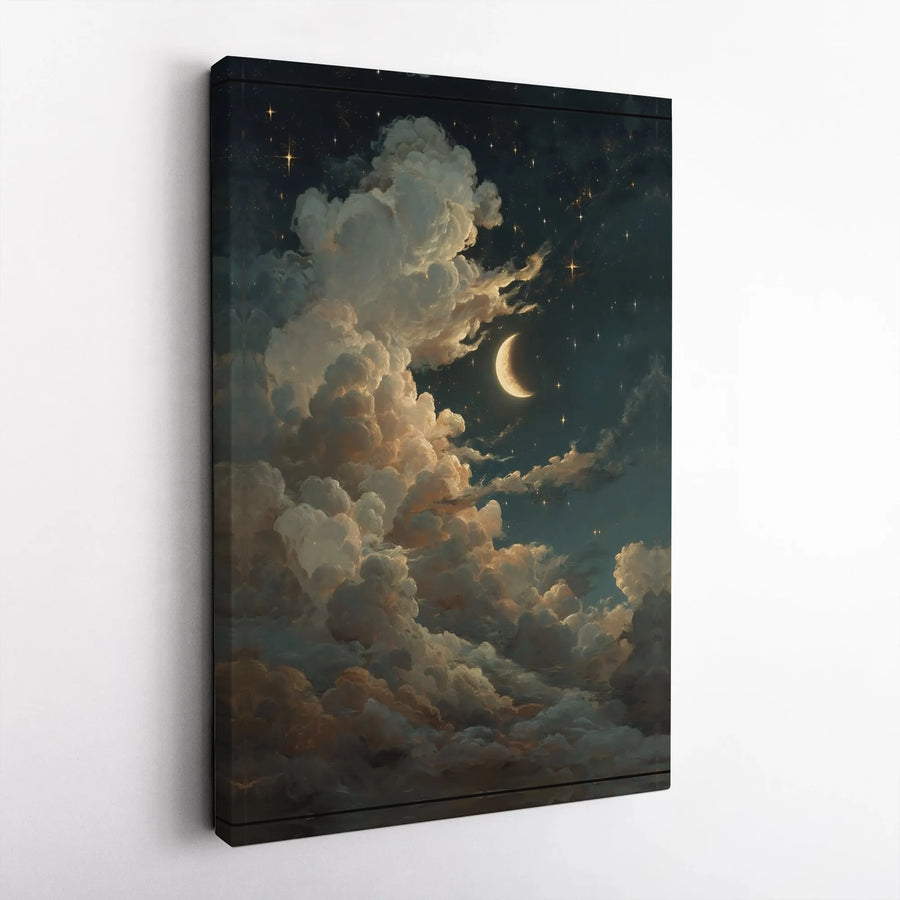 Celestial Night Sky Canvas Wall Art | Moody Cloudscape with Crescent Moon | Premium Framed Artwork | Dark Academia Home Decor Gift