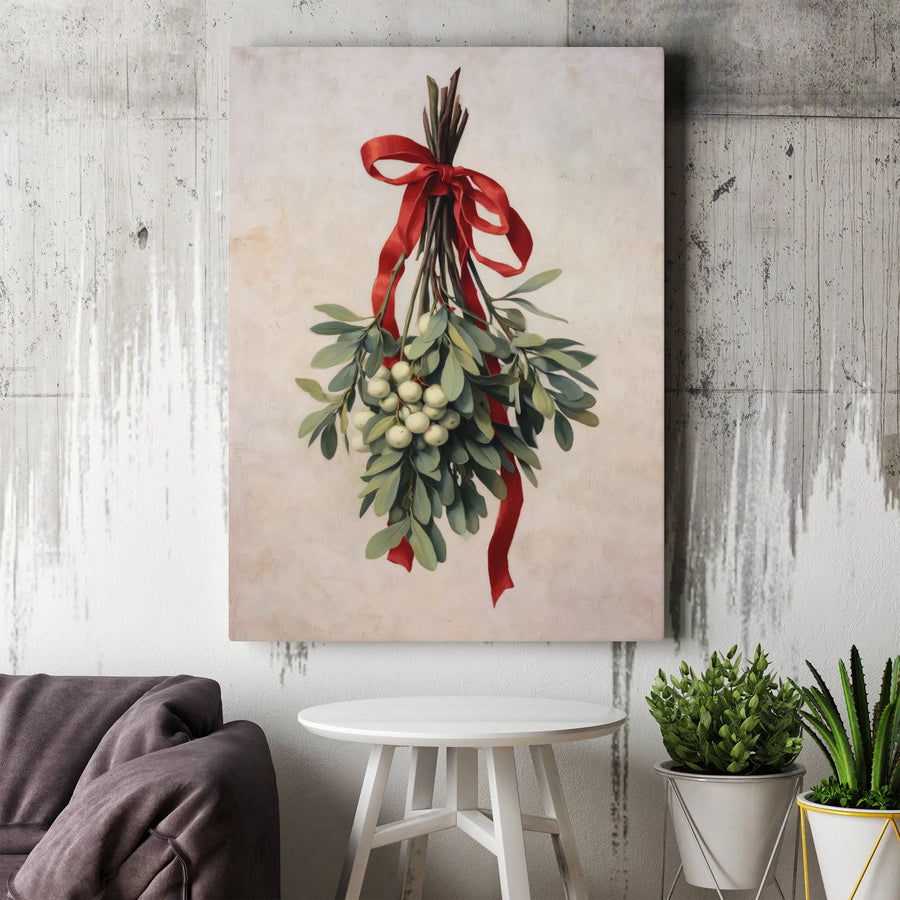 Mistletoe Wall Art Canvas | Vintage Holiday Botanical Print | Premium Gallery Wrap Decor | Festive Christmas Gift for Home