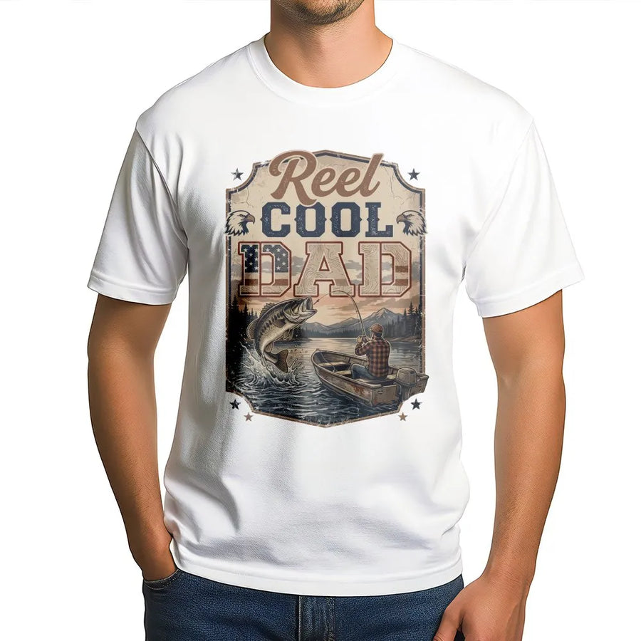 Reel Cool Dad Fishing T-Shirt | Vintage American Flag Bass Graphic | Premium Cotton Blend | Father's Day Gift for Fisherman Dad