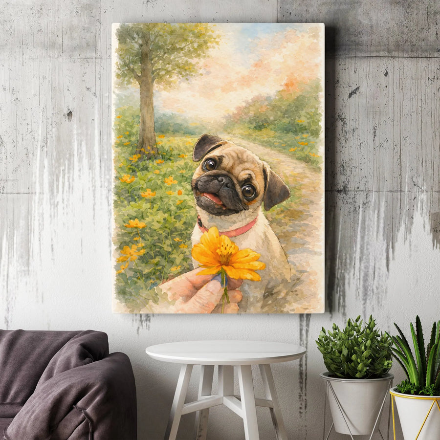 Pug Dog Canvas Wall Art | Watercolor Puppy With Yellow Flower | Premium 1.25-Inch Gallery Wrap | Cute Pet Lover Home Decor Gift