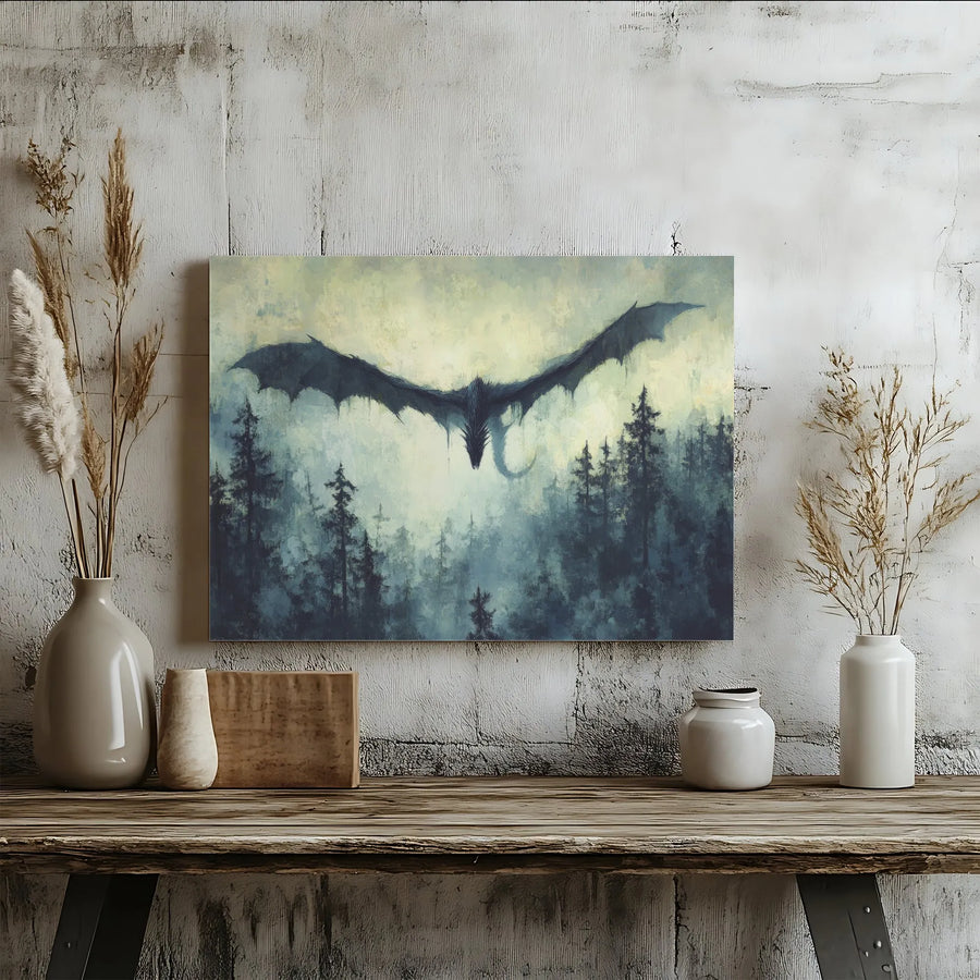 Dark Fantasy Dragon Canvas Wall Art | Gothic Dragon Over Misty Forest | Premium Gallery Quality Print | Collector's Gift for Fantasy Lovers