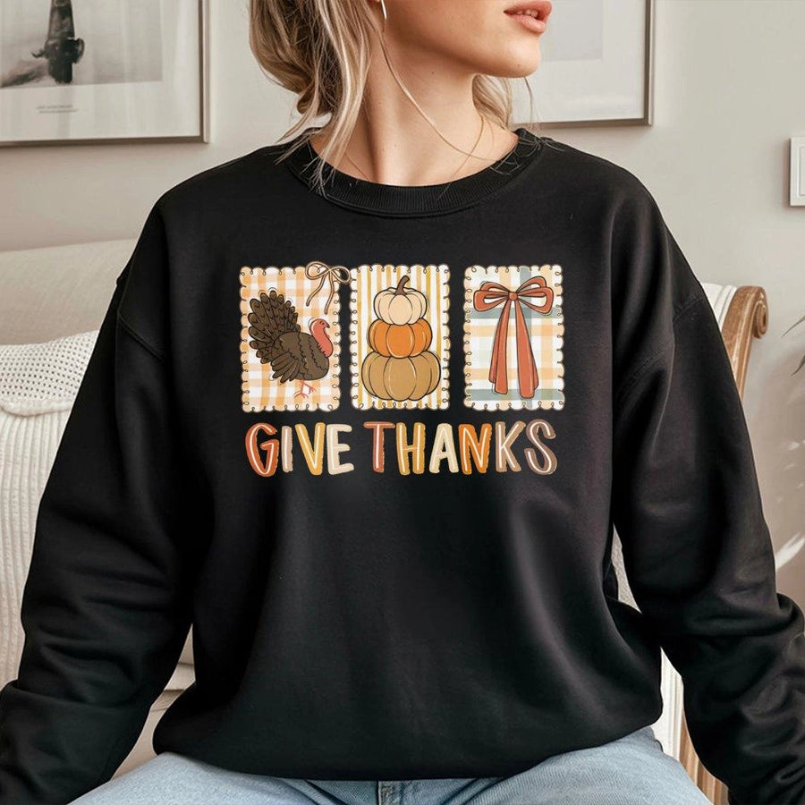 Give Thanks Thanksgiving Sweatshirt | Coquette Fall Pumpkin Turkey Bow Graphic | Premium Soft Blend Crewneck | Cute Holiday Gift for Women