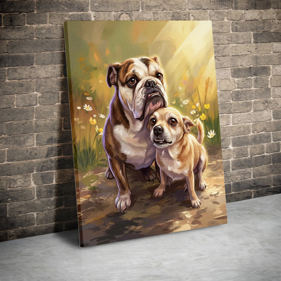 Bulldog and Chihuahua Canvas Wall Art | Unlikely Friends Dog Portrait | Premium Gallery Wrap Canvas | Gift for Pet Owner & Vet Office Decor