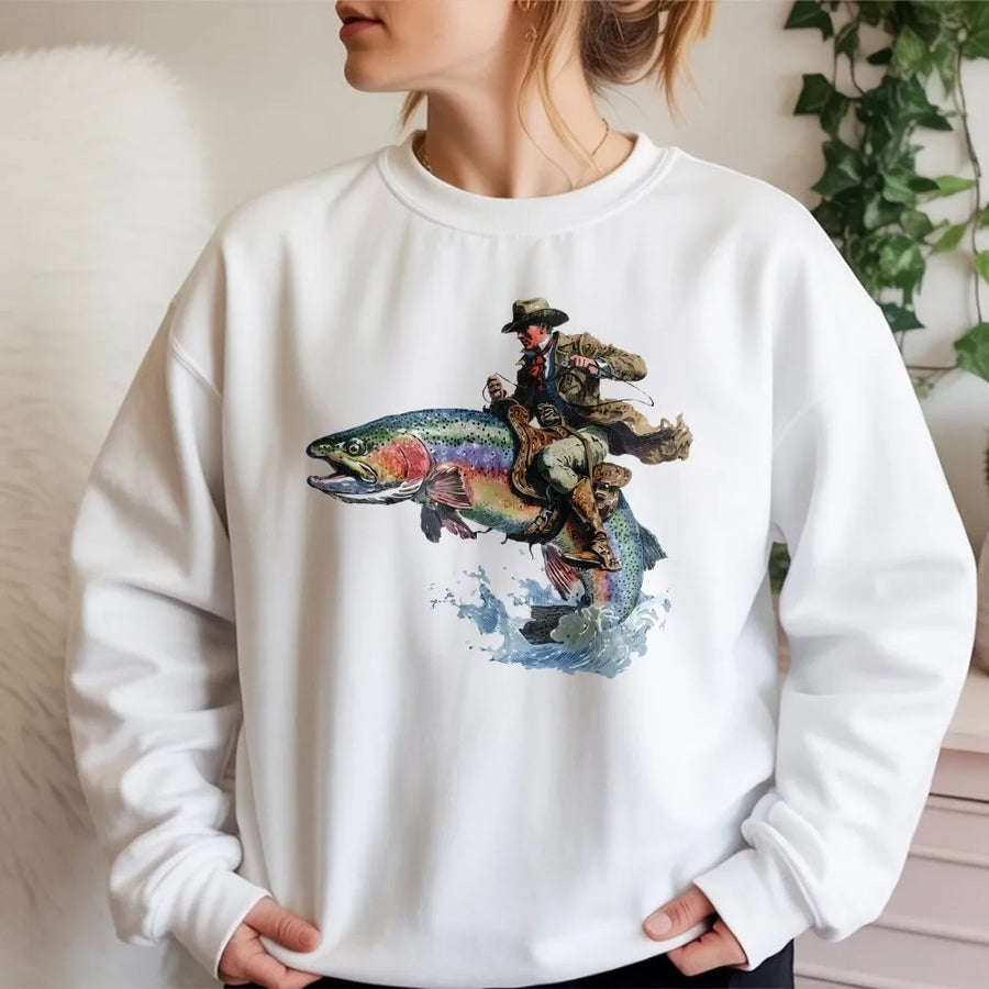 Cowboy Riding Trout Sweatshirt | Vintage Western Fishing Graphic | Premium Cotton Blend | Funny Gift for Fisherman Angler