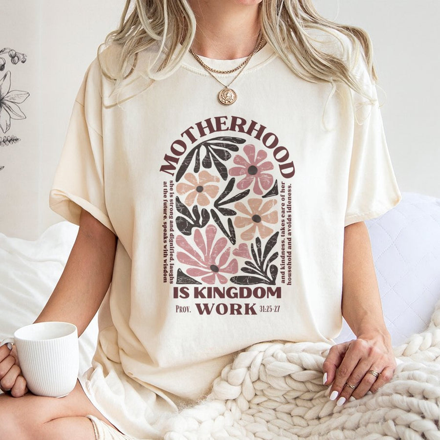 Motherhood Is Kingdom Work T-Shirt | Retro Floral Christian Faith Design | 100% Soft Cotton Premium Tee | Meaningful Mother's Day 2026 Gift for Moms