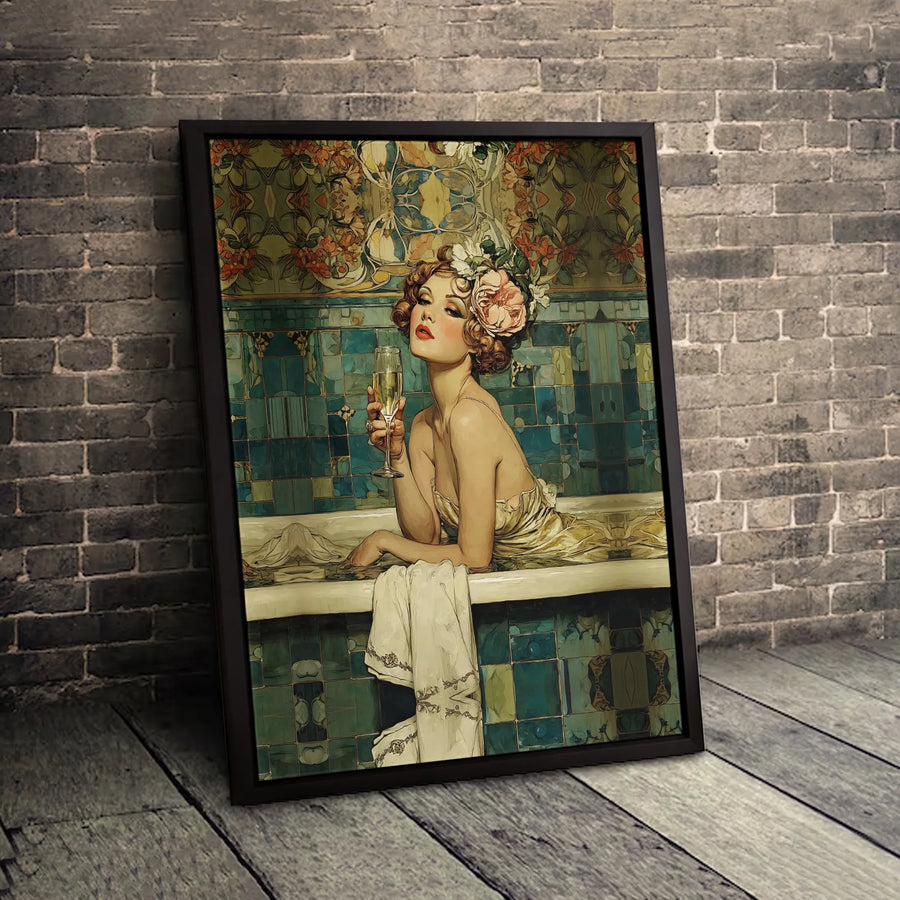 Art Nouveau Woman Bathtub Canvas Print | Elegant Champagne Lady Wall Art | Premium Gallery-Wrapped Decor | Sophisticated Home Office Aesthetic Gift