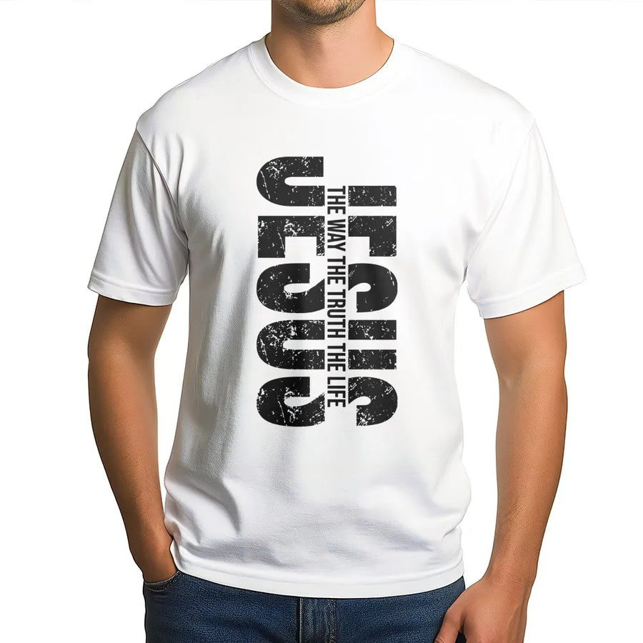 Jesus The Way The Truth The Life T-Shirt | Distressed Typography Bible Verse Graphic | 100% Cotton Premium Apparel | Christian Gift For Men And Women