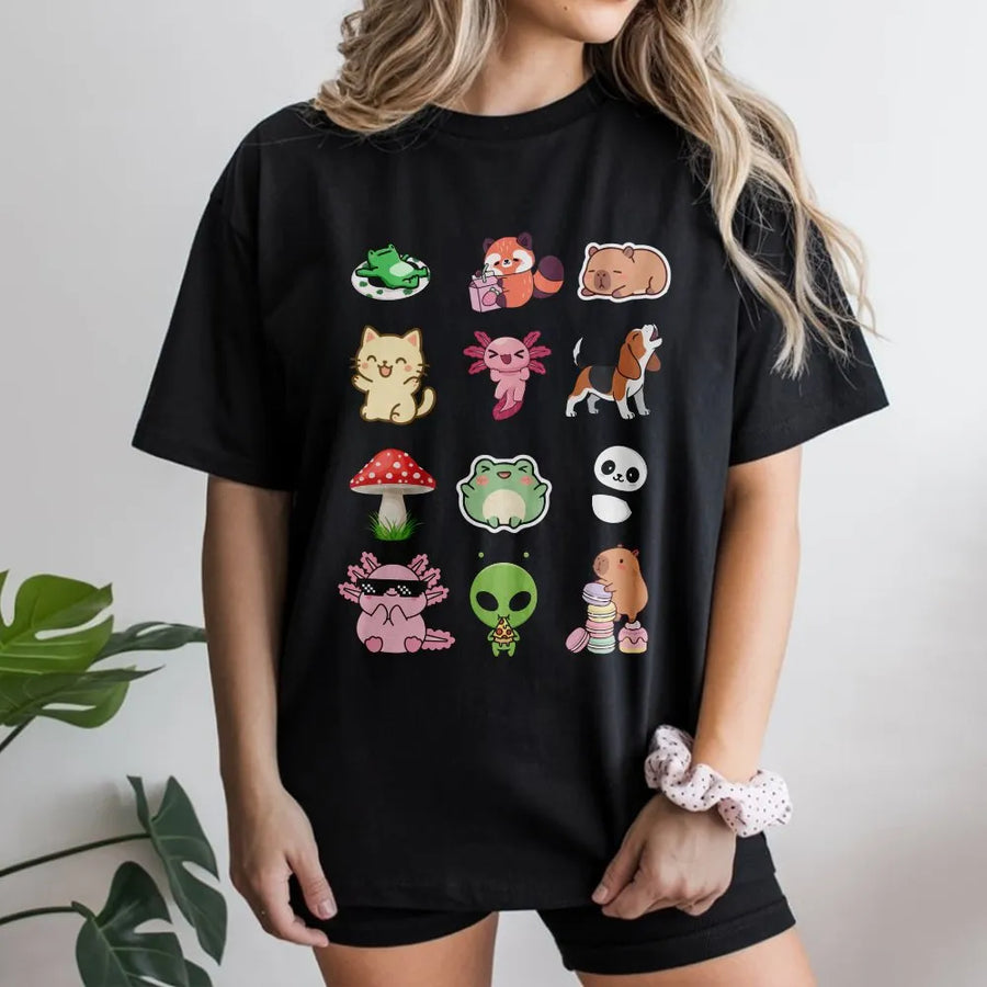 Kawaii Animal Collage T-Shirt | Cute Doodle Characters ft. Axolotl & Frog | Soft Cotton-Poly Blend | Gift for Teen Girls & Animal Lovers