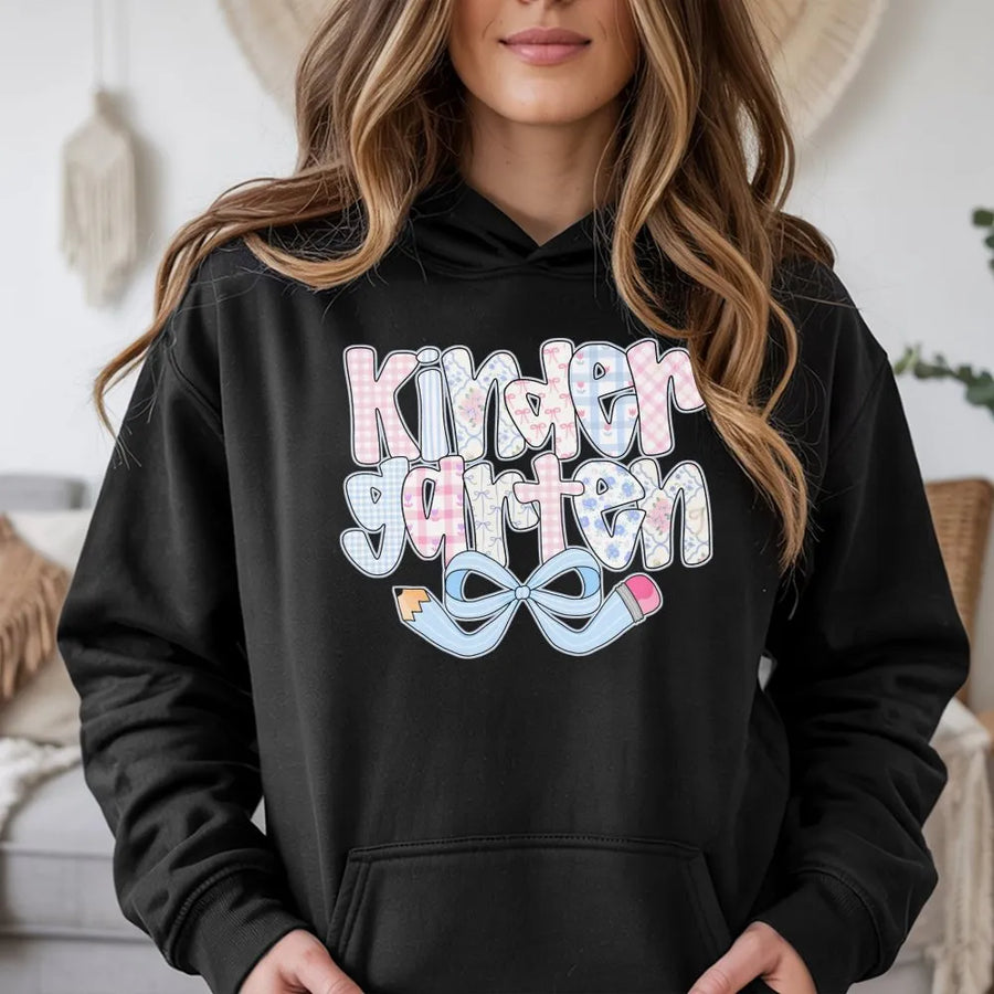 Kindergarten Teacher Hoodie | Coquette Pencil Bow Graphic | Premium Cotton Blend | Gift for New Teacher Back to School Outfit