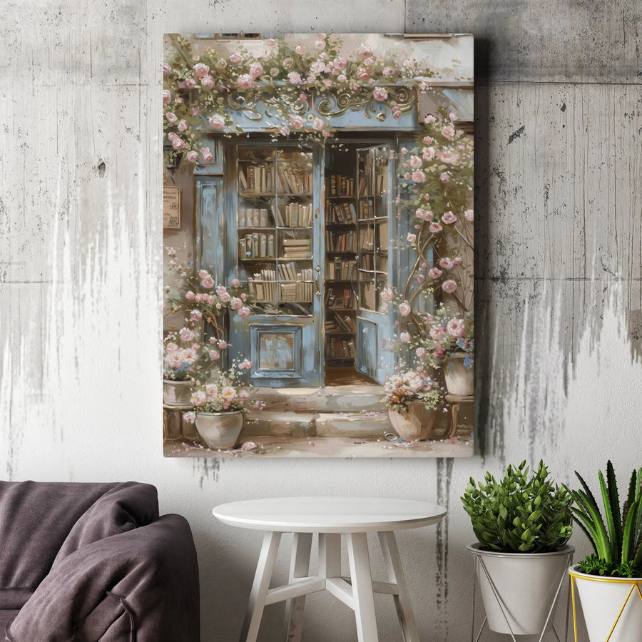 Vintage Bookstore Canvas Print | Romantic French Cafe Floral Art | Premium Gallery Wrapped Wall Decor | Whimsical Library Gift for Book Lovers