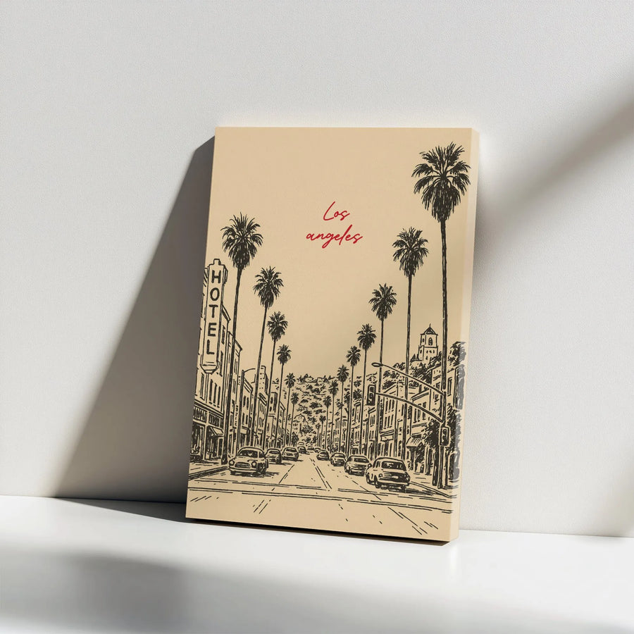 Los Angeles Street Scene Canvas Art | Vintage Palm Tree Sketch | Gallery Wrapped Premium Wall Decor | Travel Cityscape Gift for Home Office