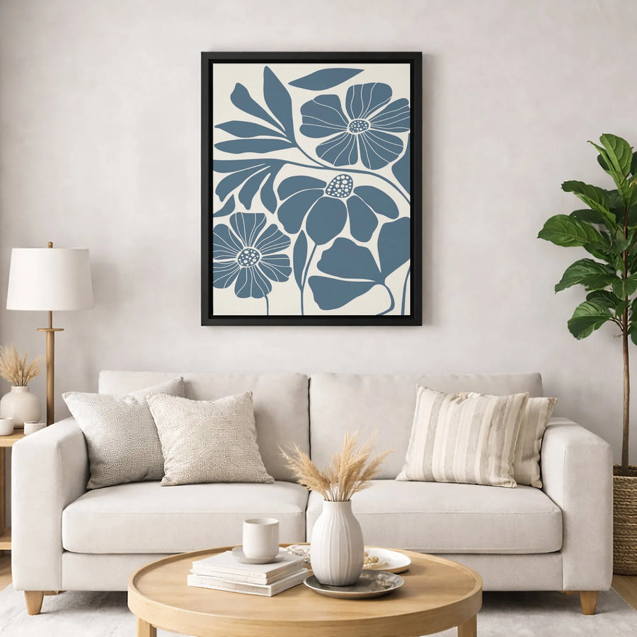 Blue Floral Botanical Canvas Wall Art | Mid-Century Modern Minimalist Print | Premium Fade-Resistant Gallery Wrap | Elegant Home & Office Decor Gift