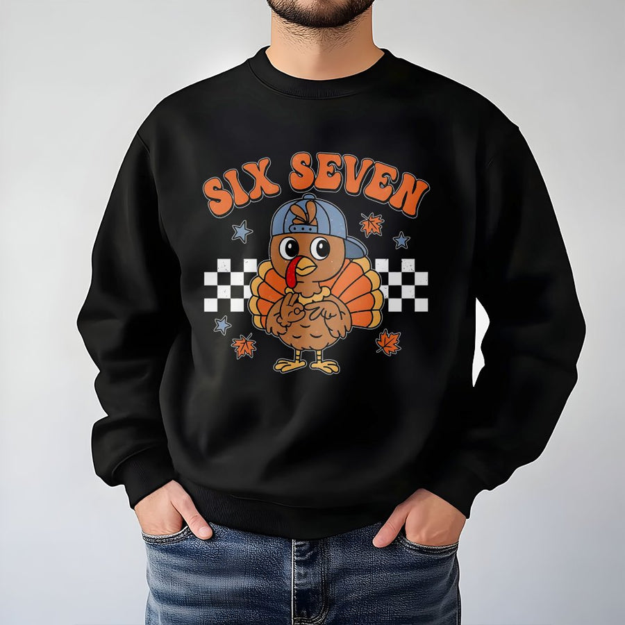 Six Seven Thanksgiving Turkey Sweatshirt | Retro Checkered Fall Graphic | Soft Cotton-Poly Blend | Cute Holiday Gift for Kids and Adults