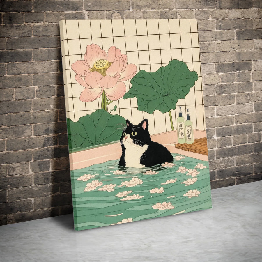 Japanese Cat Art Vertical Canvas | Ukiyo-e Style Black Cat in Lotus Bath | Premium Gallery Wrap Canvas | Unique Bathroom Wall Decor Gift for Cat Lovers