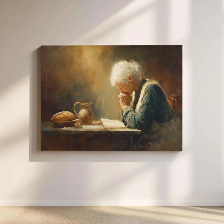 Christian Canvas Wall Art | Elderly Woman Praying 'Grace' Painting | Premium Fade-Resistant Print | Religious Kitchen & Dining Room Decor Gift