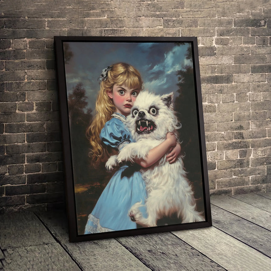 Surreal Girl With Monster Dog Canvas Print | Dark Whimsical Gothic Wall Art | Premium Gallery-Wrapped Portrait | Unique Home Decor Gift