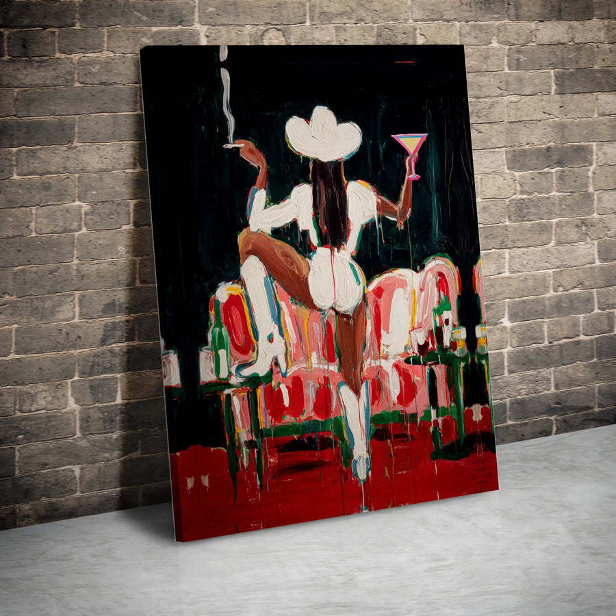 Cowgirl Wall Art Canvas Print | Abstract Smoking Woman with Cocktail | Premium Gallery Wrapped Canvas | Modern Western Home Decor Gift