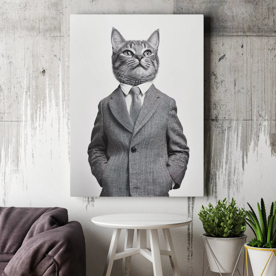 Anthropomorphic Cat Canvas Wall Art | Dapper Cat In Suit Portrait | Premium Gallery-Wrapped Print | Unique Office Or Home Decor Gift