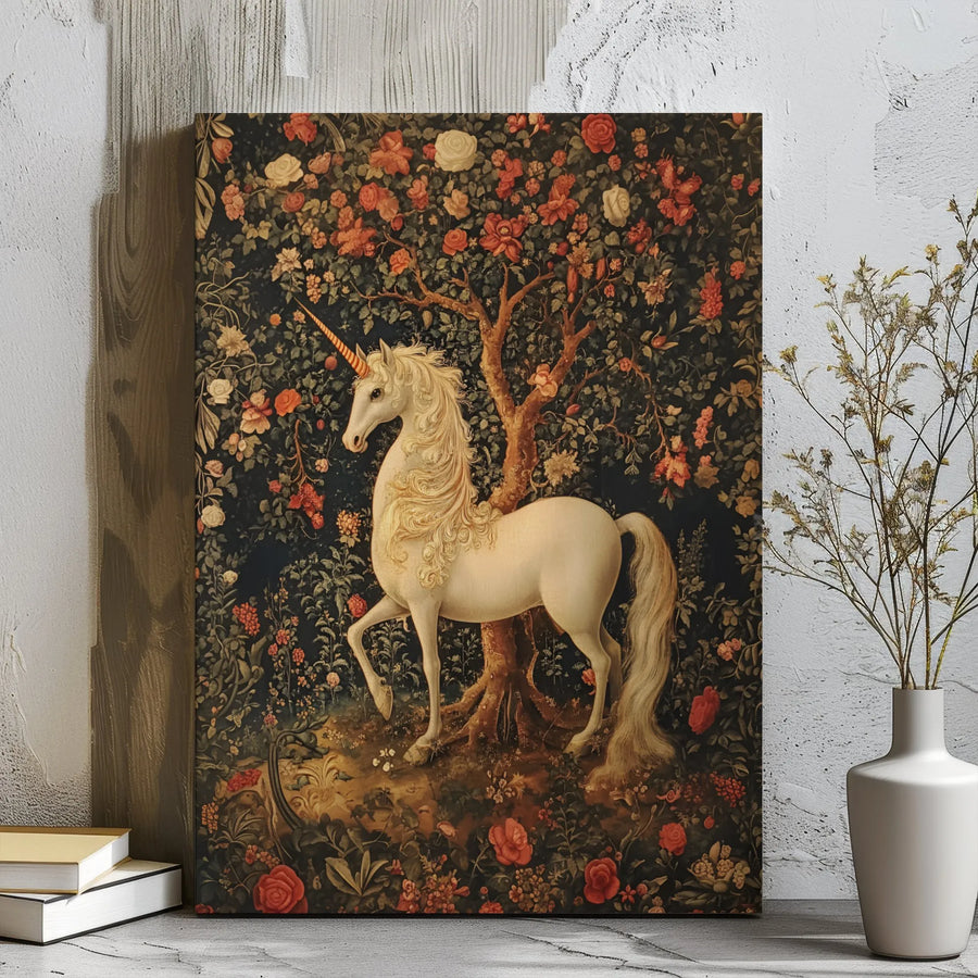 Unicorn Canvas Wall Art | Medieval Floral Tapestry Style Print | Premium Gallery Wrap Decor | Fantasy Home Office Gift