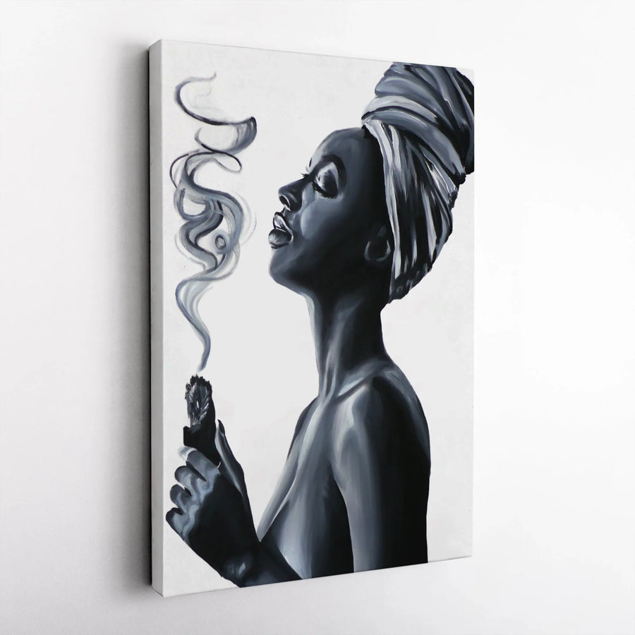 Black Woman Portrait Canvas Art | Sage Smudging Spiritual Decor | Premium 1.25" Framed Wall Print | Aesthetic Boho Home Gift for Her