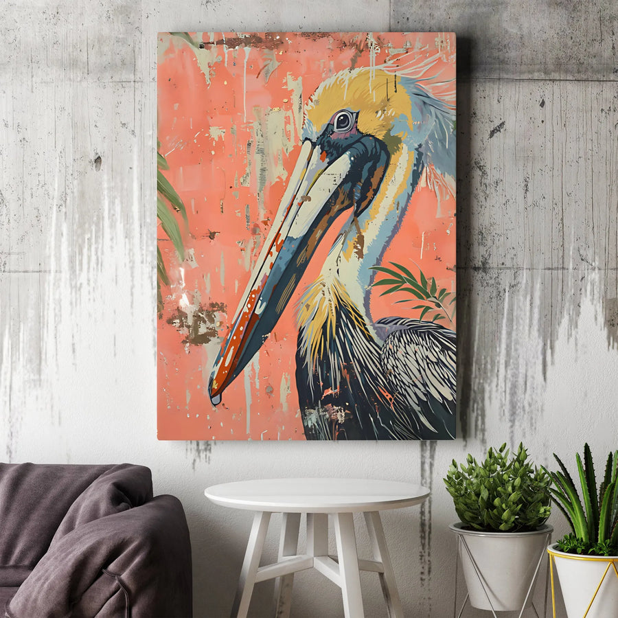 Coastal Pelican Wall Art | Distressed Tropical Bird Print | Premium 1.25" Thick Gallery Canvas | Beach House & Living Room Decor