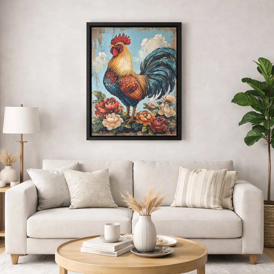 Rustic Rooster Canvas Wall Art | Farmhouse Floral Painting Print | Premium Gallery Wrapped Decor | Kitchen & Country Home Gift