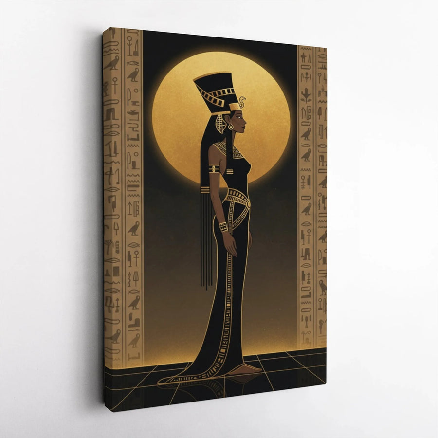 Egyptian Queen Vertical Canvas | Modern Nefertiti Graphic Art with Hieroglyphics | Premium Gallery Wrap | Collector's Gift for Egyptology Fans