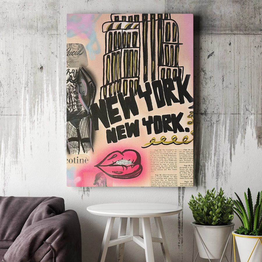 New York City Wall Art | Graffiti Skyscraper & Lips Poster | Premium Gallery-Wrapped Canvas | Edgy Urban Home Decor Gift