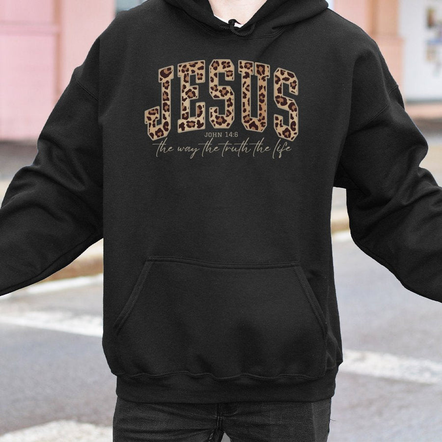 Jesus Hoodie | Leopard Print Bible Verse John 14:6 Graphic | Soft Cotton-Blend Premium Apparel | Faith-Based Christian Gift for Men and Women
