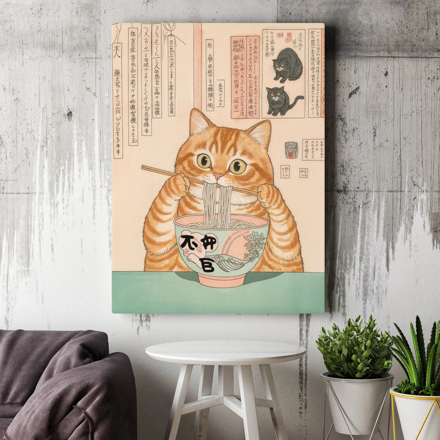 Japanese Ukiyo-E Orange Cat Wall Art | Ramen Noodle Eating Kitty Print | Premium Gallery Wrapped Canvas | Quirky Gift for Cat Lovers