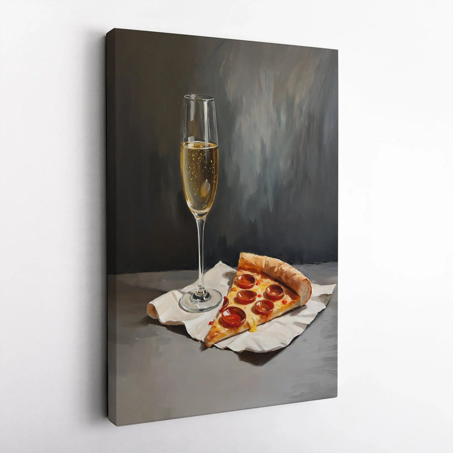 Pizza and Champagne Canvas Print | Realistic Still Life Painting | Premium Gallery Wrapped Canvas | Unique Kitchen & Bar Decor Gift