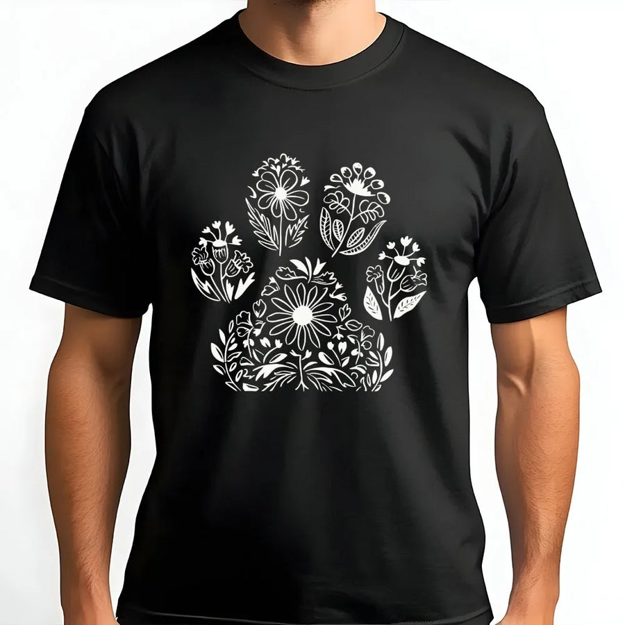 Floral Paw Print T-Shirt | Botanical Wildflower Dog Graphic | Premium Soft Cotton Blend | Gift for Dog Mom, Animal Rescue Supporter