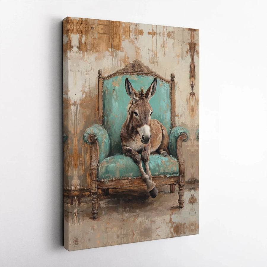 Donkey Wall Art | Vintage Teal Armchair Oil Painting Style | Premium Gallery Wrapped Canvas | Whimsical Farmhouse Home Decor Gift