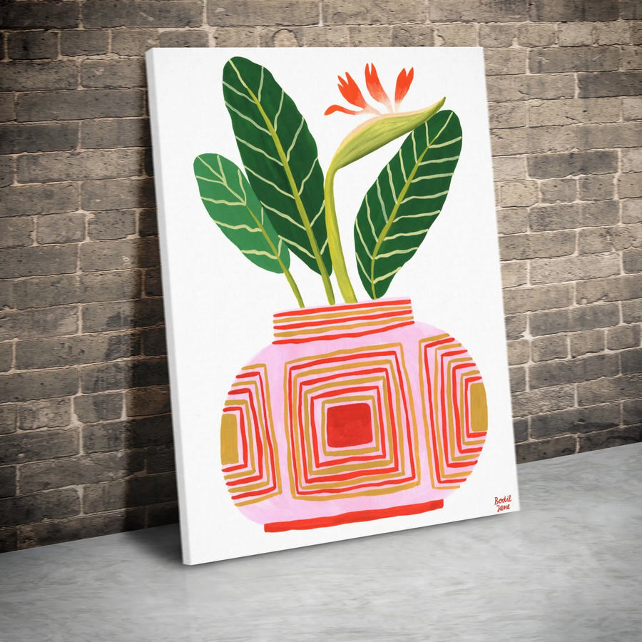 Bird of Paradise Canvas Wall Art | Modern Botanical Illustration in Pink Vase | Premium Thick Gallery Wrapped Canvas | Boho Living Room Decor Gift