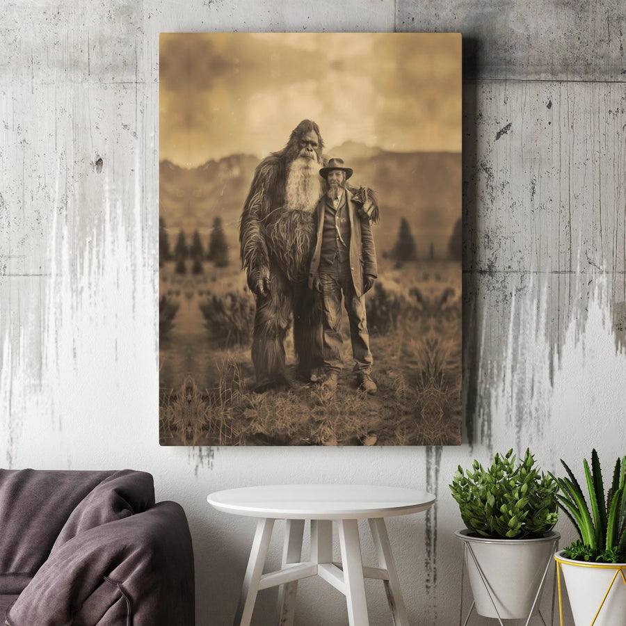 Bigfoot Wall Art | Vintage Sepia Portrait Canvas Print | 1.25-Inch Gallery Wrap Decor | Sasquatch Gift for Cryptid Lovers