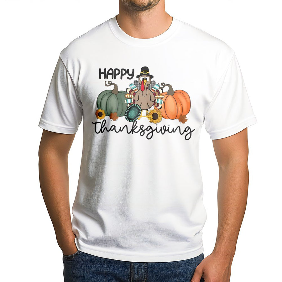Happy Thanksgiving T-Shirt | Cute Turkey and Pumpkin Fall Graphic | 100% Cotton Premium Tee | Unisex Autumn Holiday Gift for Family Dinner
