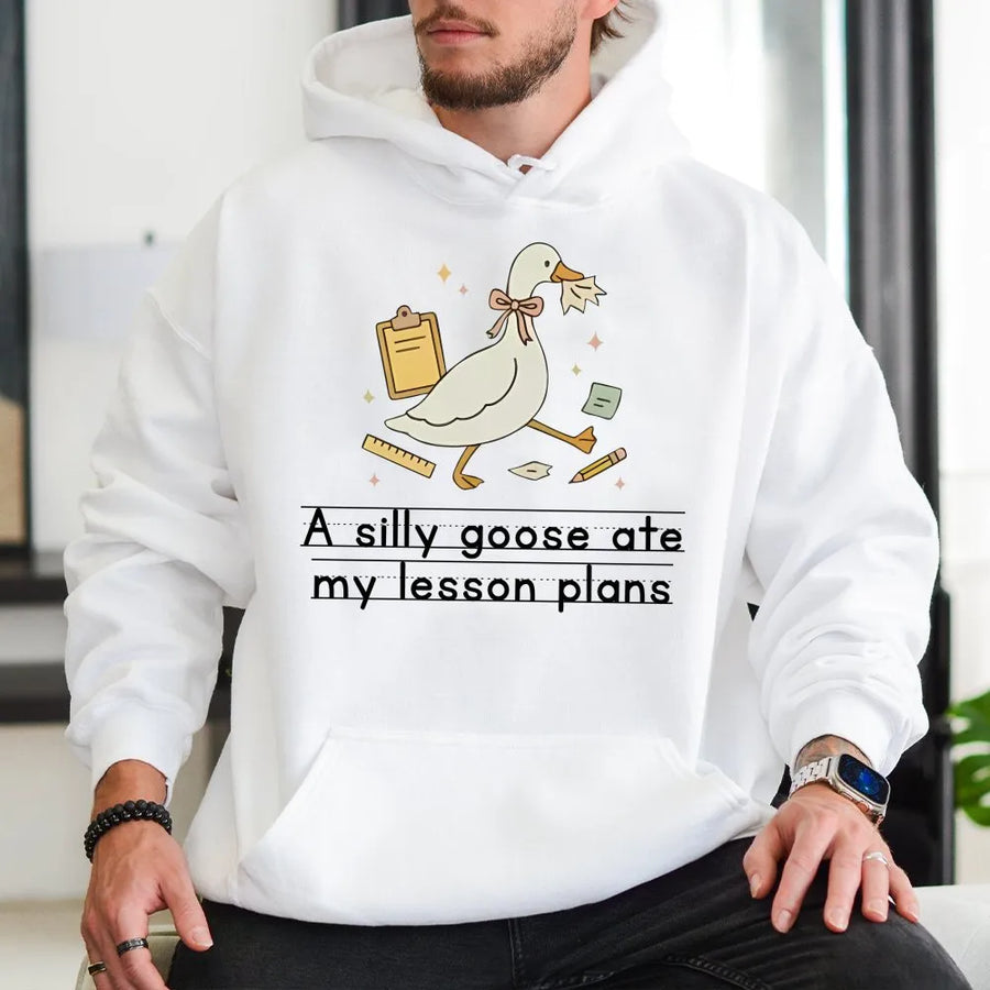 Silly Goose Teacher Hoodie | Funny 'Ate My Lesson Plans' Graphic | Cozy Unisex Crewneck | Back to School & Appreciation Gift for Teachers