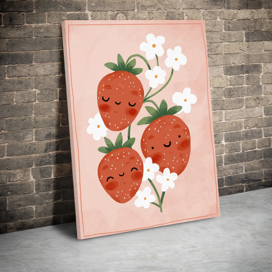 Cute Strawberry Wall Art | Kawaii Fruit Illustration Print | Premium 1.25" Gallery Canvas | Aesthetic Bedroom & Nursery Decor Gift
