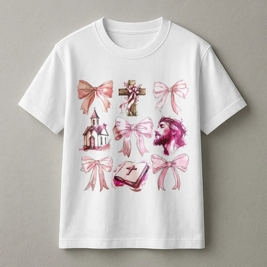 Jesus Coquette Bow T-Shirt | Aesthetic Christian Graphic Tee | 100% Cotton Premium Faith Apparel | Religious Gift For Her Bible Lover