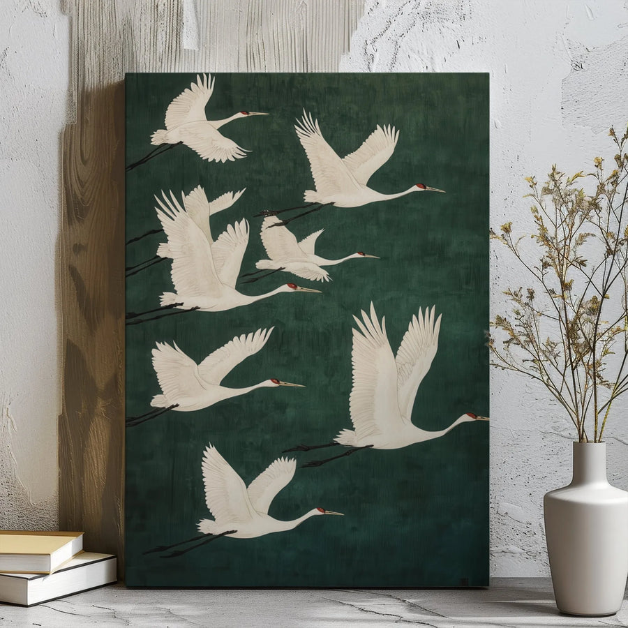 Japanese Red-Crowned Crane Canvas Art | Flying Birds Zen Wall Decor | 1.25” Thick Gallery Wrap | Elegant Living Room Gift